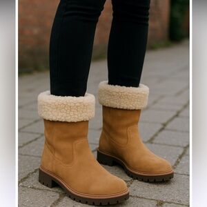 Anthropologie Louise Sherpa-Cuffed Suede Ankle Boots in Tan Size US 8